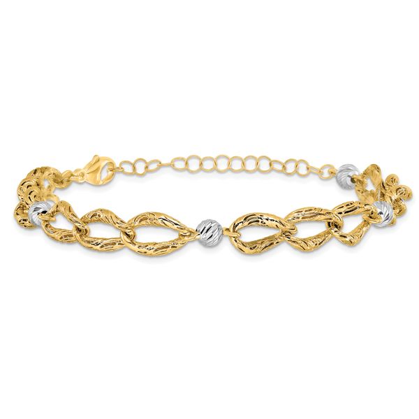 Leslie's 14K Two-tone Polished/Textured/Dia-cut w/2in ext. Bracelet - Image 3