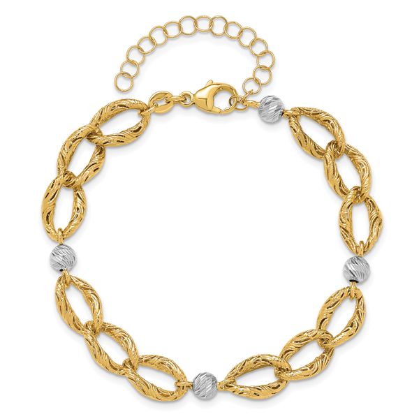Leslie's 14K Two-tone Polished/Textured/Dia-cut w/2in ext. Bracelet - Image 4