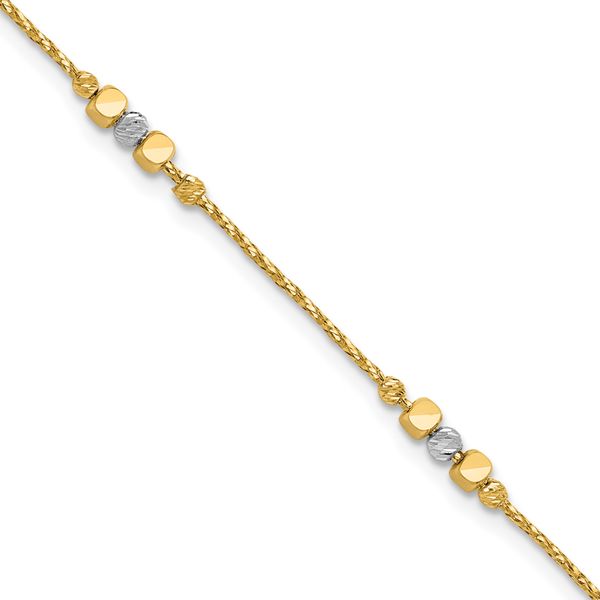 Leslie's 14K Two-tone Pol/Texture/Dia-cut Beads w/1in ext. Bracelet