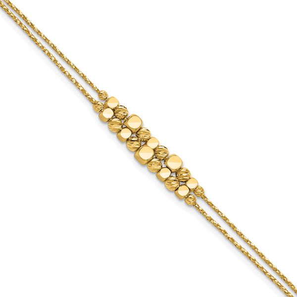 Leslie's 14K Pol/Texture/Dia-cut Beads 2-Strand w/ 1in ext. Bracelet