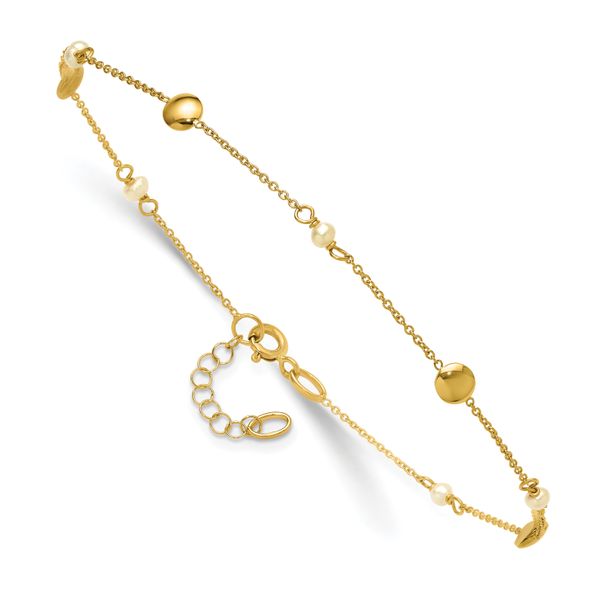 Leslie's 14K Polished FWC Pearl and Circles 9in Plus 1in ext. Anklet - Image 3
