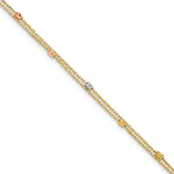 Leslie's 14K Tri-color Polish/Dia-cut 2-Strand 9in Plus 1in ext. Anklet