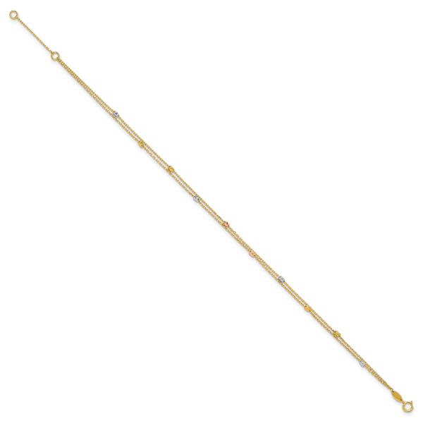 Leslie's 14K Tri-color Polish/Dia-cut 2-Strand 9in Plus 1in ext. Anklet - Image 2