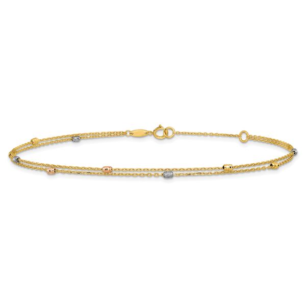 Leslie's 14K Tri-color Polish/Dia-cut 2-Strand 9in Plus 1in ext. Anklet - Image 3
