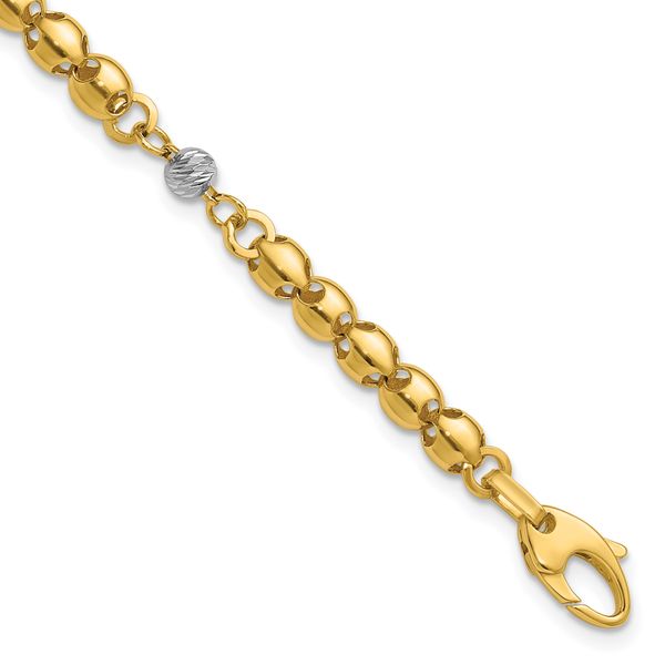 Leslie's 14K w/Rhodium Polished D/C Beaded Oval Link w/1in ext. Bracelet