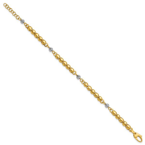 Leslie's 14K w/Rhodium Polished D/C Beaded Oval Link w/1in ext. Bracelet - Image 2