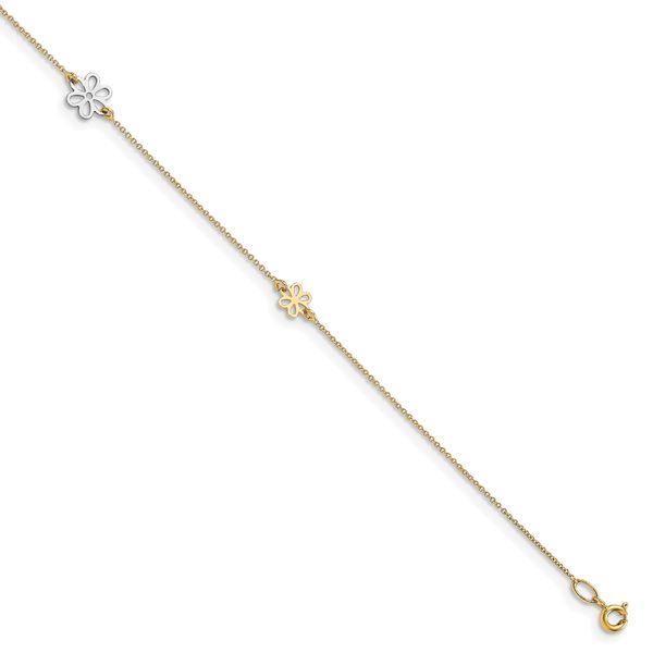 Leslie's 14K Two-tone Polished Flower with 1in ext. Anklet