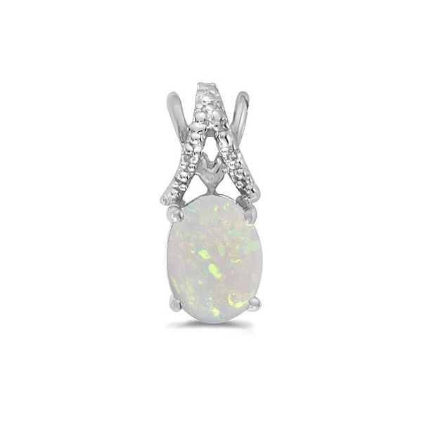14k White Gold Oval Opal And Diamond Pendant