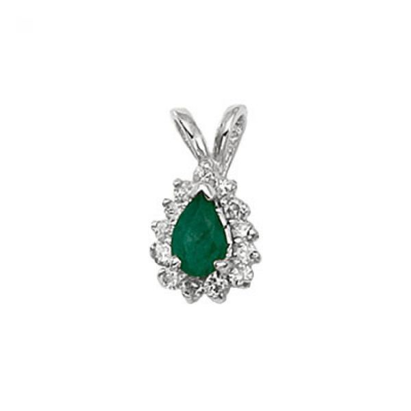 14K White Gold Pear Emerald and Diamond Pendant