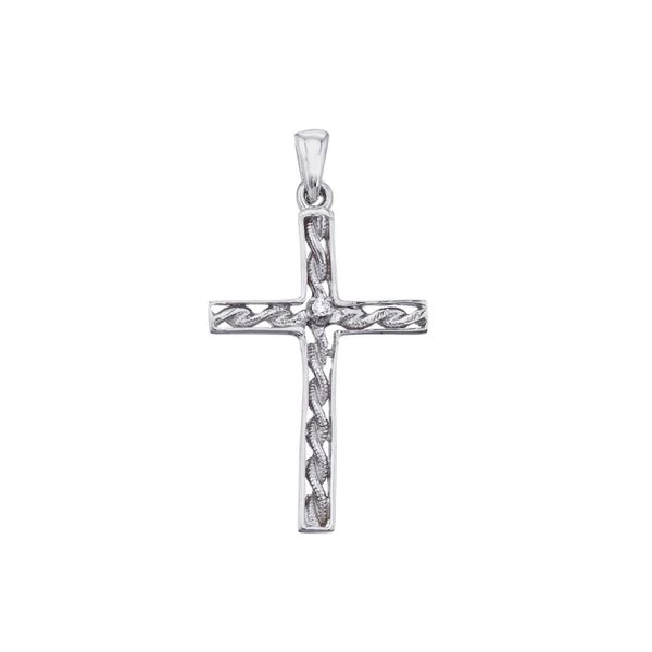 14K White Gold Braided Diamond Cross Pendant