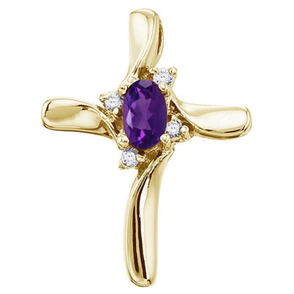 14K Yellow Gold Oval Amethyst and Diamond Cross Pendant