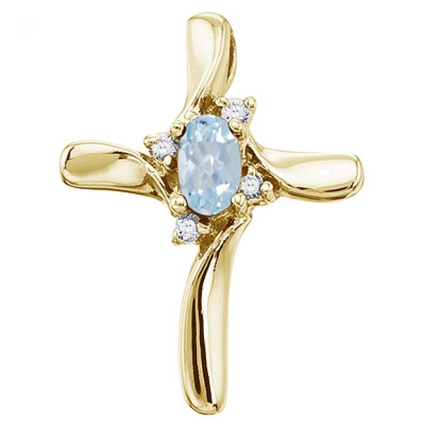 14K Yellow Gold Oval Aquamarine and Diamond Cross Pendant