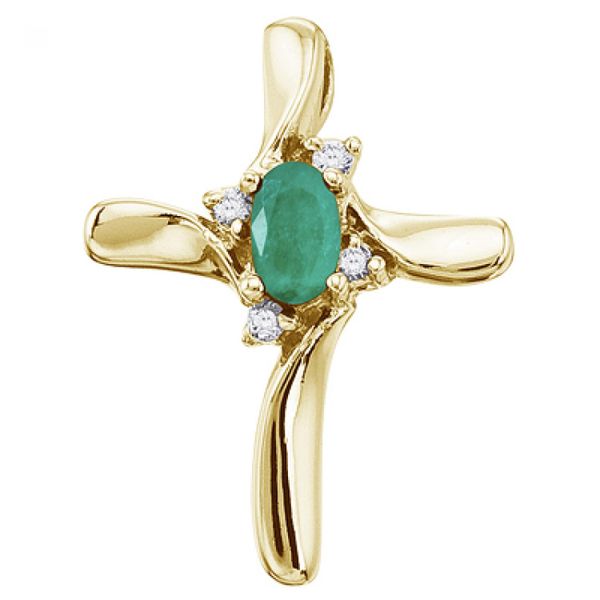 14K Yellow Gold Oval Emerald and Diamond Cross Pendant