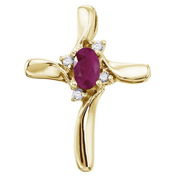 14K Yellow Gold Oval Ruby and Diamond Cross Pendant