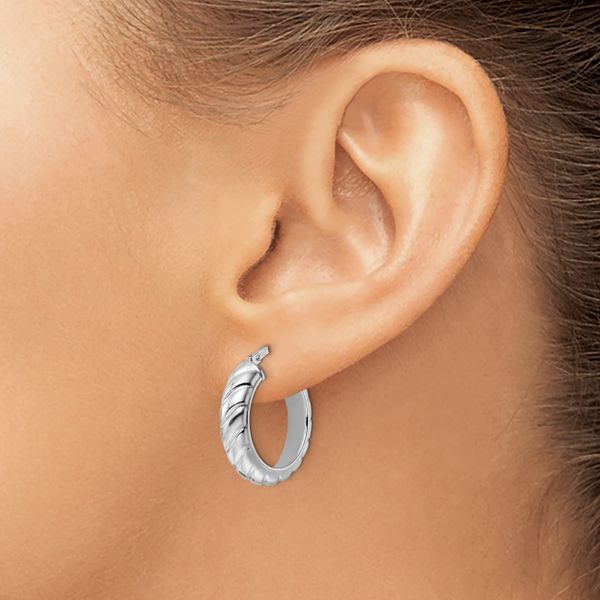 Leslie's Sterling Silver Rhod-plated Polished Textured Hoop Earrings - Image 3