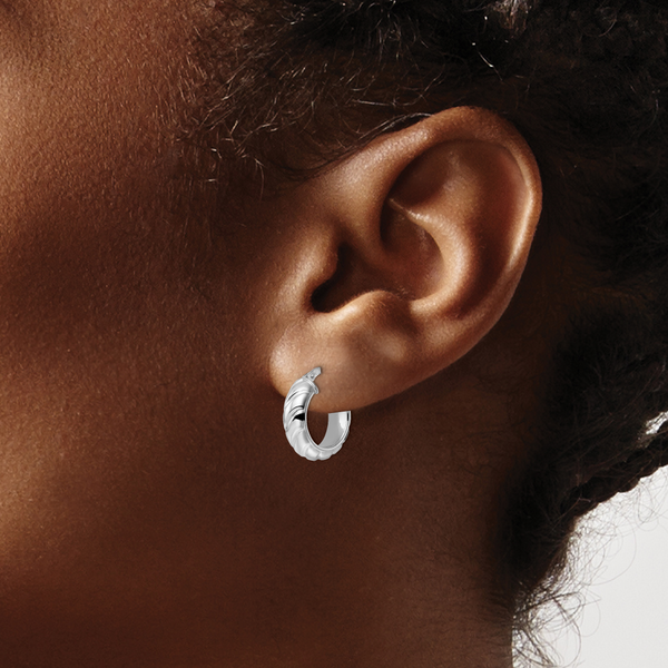 Leslie's Sterling Silver Rhod-plated Polished Textured Hoop Earrings - Image 3