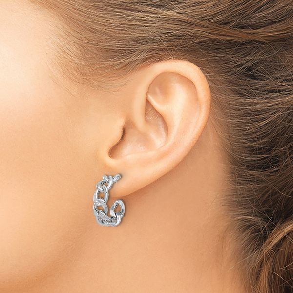 Leslie's Sterling Silver Rh-plated Polished Curb Chain Post C-Hoop Earrings - Image 3