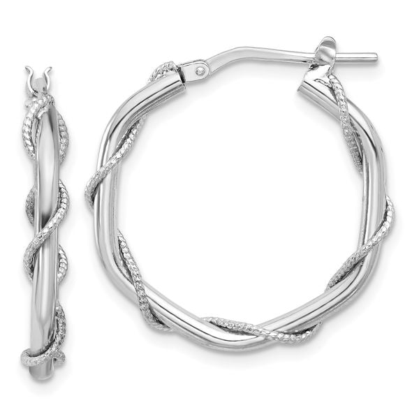 Leslie's Sterling Silver Rh-plated Polished/Textured/Twisted Hoop Earrings