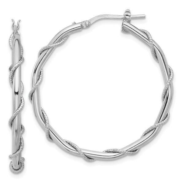 Leslie's Sterling Silver Rh-plated Polished/Textured/Twisted Hoop Earrings