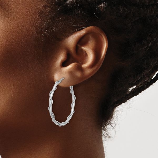 Leslie's Sterling Silver Rh-plated Polished/Textured/Twisted Hoop Earrings - Image 3