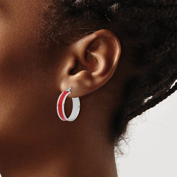 Leslie's Sterling Silver RH-plt Polished Red Enamel Round Hoop Earrings - Image 3
