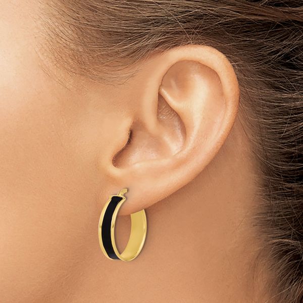 Leslie's Sterling Silver Gold-tone Black Enamel Round Hoop Earrings - Image 3