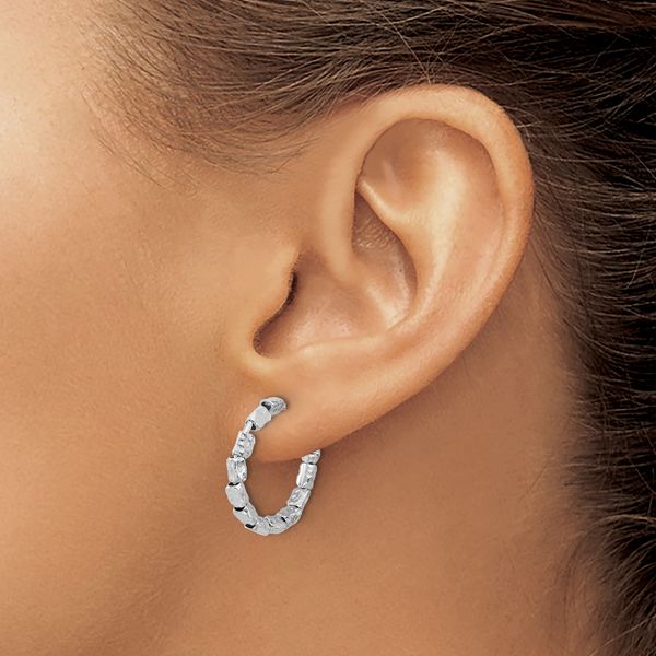 Leslie's Sterling Silver Rh-plated Polished/Hammered J-Hoop Post Earrings - Image 3