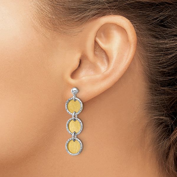 Leslie's SS Rhodium/Gold-plated Polished/Brushed Circles Dangle Earrings - Image 3