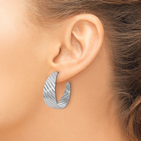 Leslie's Sterling Silver Rh-plat Polished Grooved Left/Right J-Hoop Earring - Image 3