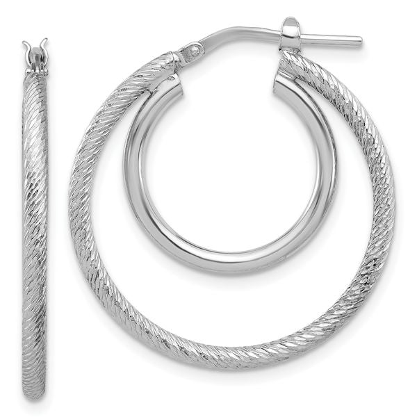 Leslie's Sterling Silver Rh-plat Polished and Textured Double Hoop Earrings