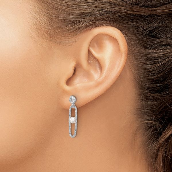 Leslie's Sterling Silver Rhodium-plated CZ and Crystal Pearl Dangle Earring - Image 3