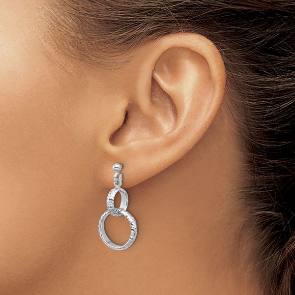 Leslie's SS RH-plat Polished / Dia-cut Circle Link Dangle Post Earrings - Image 3
