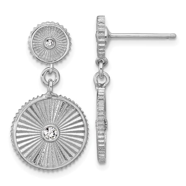 Leslie's SS RH-plat CZ Polished/Grooved Circle Dangle Post Earrings
