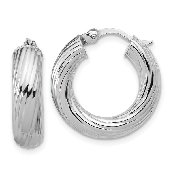 Leslie's Sterling Silver RH-plat Polish/Grooved Round Hoop Earrings