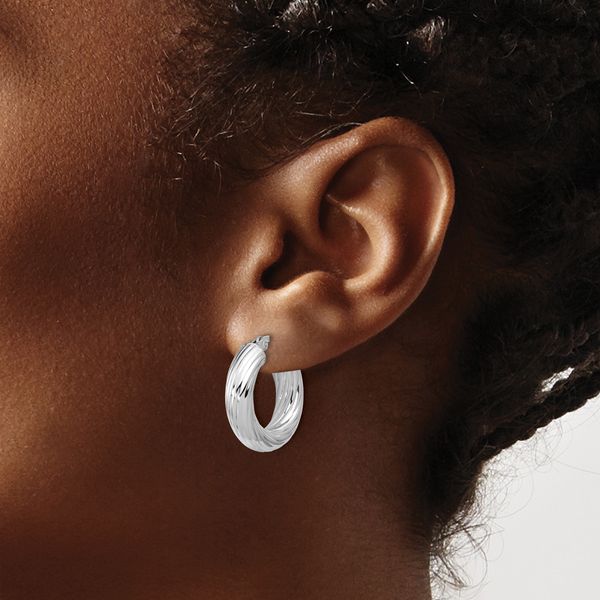 Leslie's Sterling Silver RH-plat Polish/Grooved Round Hoop Earrings - Image 3