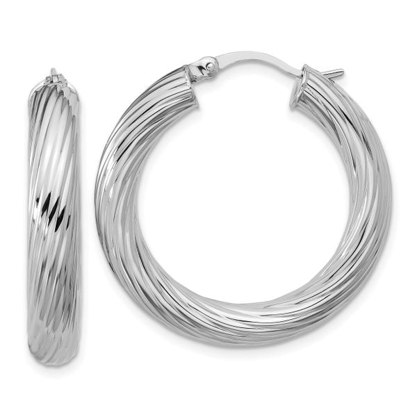 Leslie's Sterling Silver RH-plat Polish/Grooved Round Hoop Earrings