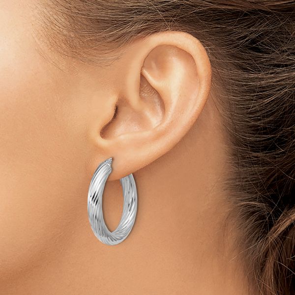 Leslie's Sterling Silver RH-plat Polish/Grooved Round Hoop Earrings - Image 3