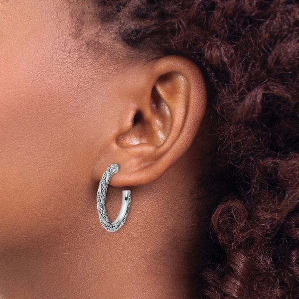 Leslie's SS RH-plated Polish/Textured Twisted J-Hoop Post Earrings - Image 3