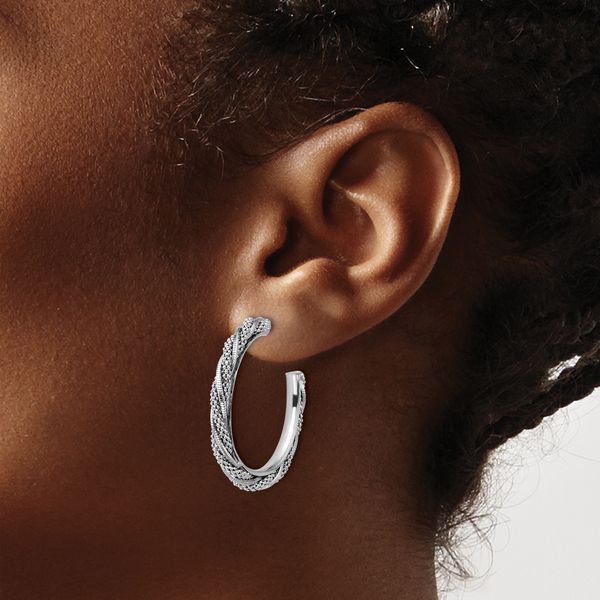 Leslie's SS RH-plated Polish/Textured Twisted J-Hoop Post Earrings - Image 3