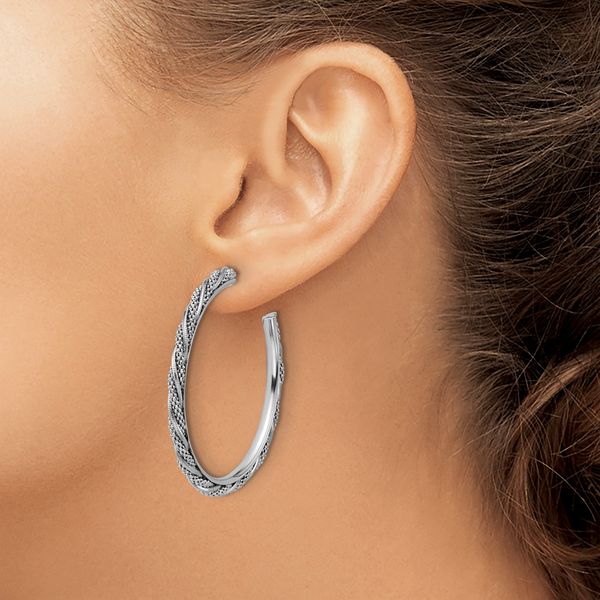 Leslie's SS RH-plated Polish/Textured Twisted J-Hoop Post Earrings - Image 3