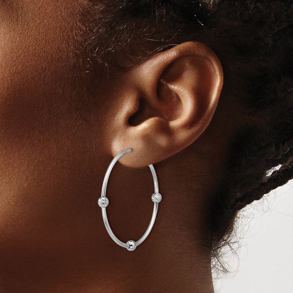 Leslie's SS RH-plated Polished/Dia-cut Beads Endless Hoop Earrings - Image 3