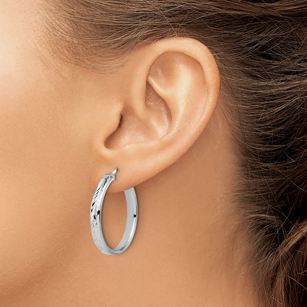 Leslie's Sterling Silver RH-plat Polish/Dia-cut Round Hoop Earrings - Image 3