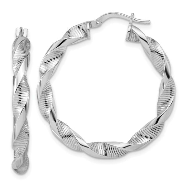 Leslie's Sterling Silver RH-plat Polish/Textured Twist Hoop Earrings