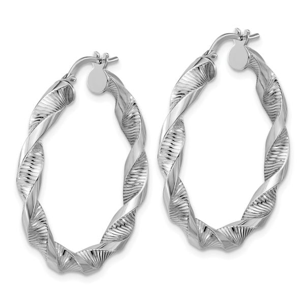 Leslie's Sterling Silver RH-plat Polish/Textured Twist Hoop Earrings - Image 2