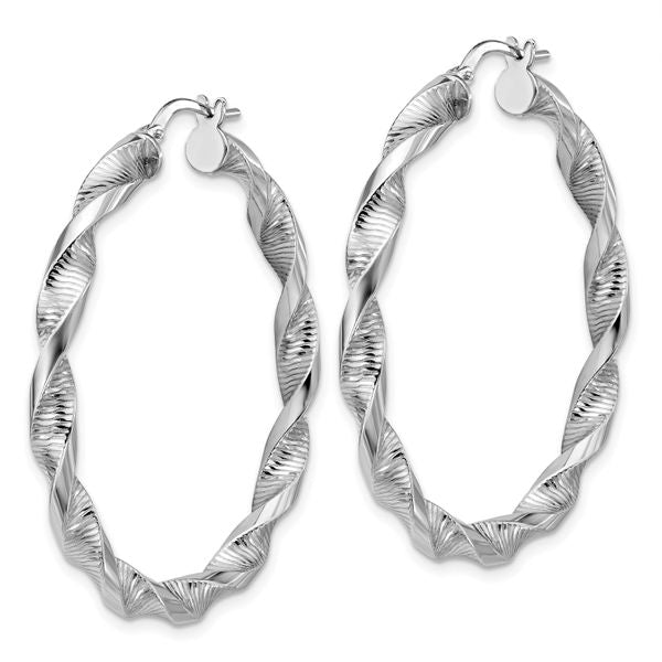 Leslie's Sterling Silver RH-plat Polish/Textured Twist Hoop Earrings - Image 2