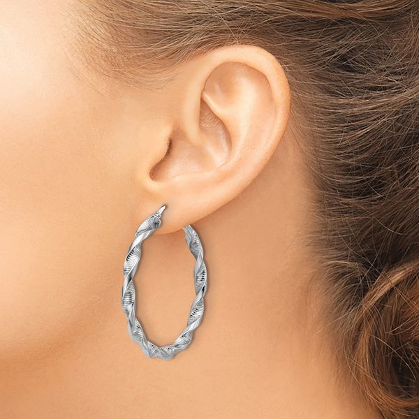 Leslie's Sterling Silver RH-plat Polish/Textured Twist Hoop Earrings - Image 3