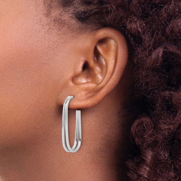 Leslie's Sterling Silver RH-plated Polished Oval J-Hoop Post Earrings - Image 3