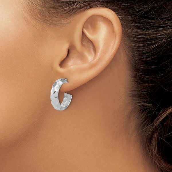 Leslie's Sterling Silver RH-plat Polish Textured Post J-Hoop Earrings - Image 3