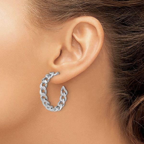 Leslie's SS RH-pltd Polished 34x6.5mm Curb Link Post C-Hoop Earrings - Image 3
