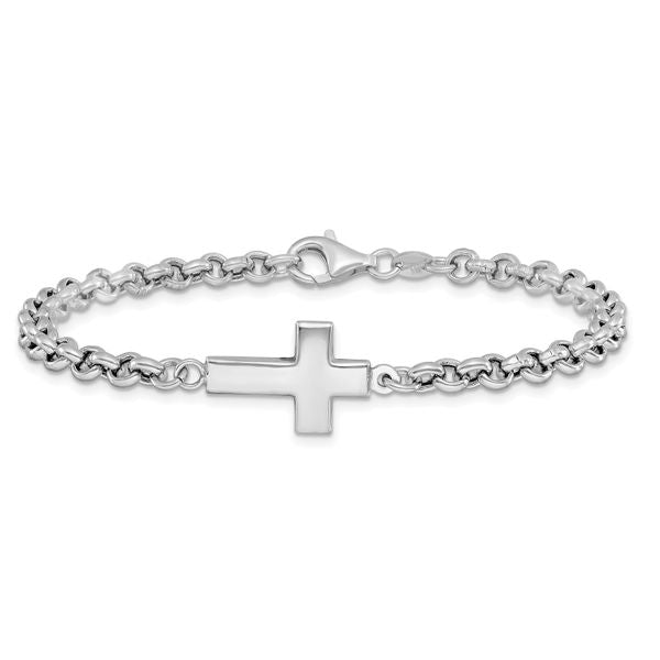 Leslie's Sterling Silver Rhodium-plated Cross Rolo Bracelet - Image 3